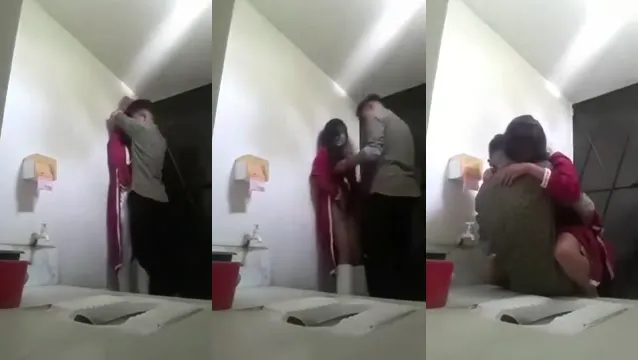 Risky Office Bathroom Quickie - Red Suit Girl Rides Hard & Floor Missionary